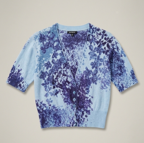 Express Sweaters - EUC Express Lightweight Cotton Cropped Blue Cardigan, Short Sleeves, Size M